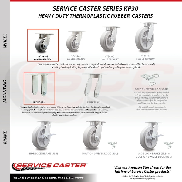 4 Inch Thermoplastic Rubber Caster Set With Roller Bearings 2 Brakes 2 Rigid SCC